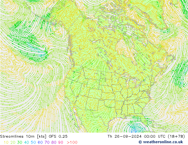 Streamlines 10m GFS 0.25 Th 26.09.2024 00 UTC