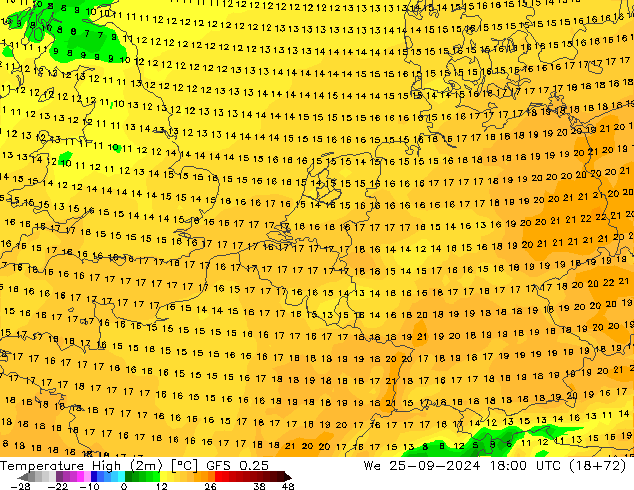 Temperatura máx. (2m) GFS 0.25 mié 25.09.2024 18 UTC