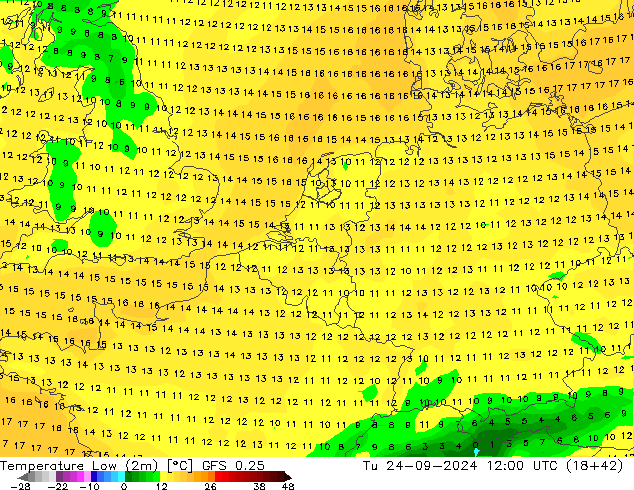 Min. Temperatura (2m) GFS 0.25 wto. 24.09.2024 12 UTC