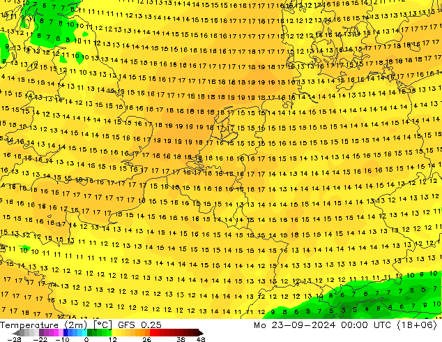 Temperaturkarte (2m) GFS 0.25 Mo 23.09.2024 00 UTC