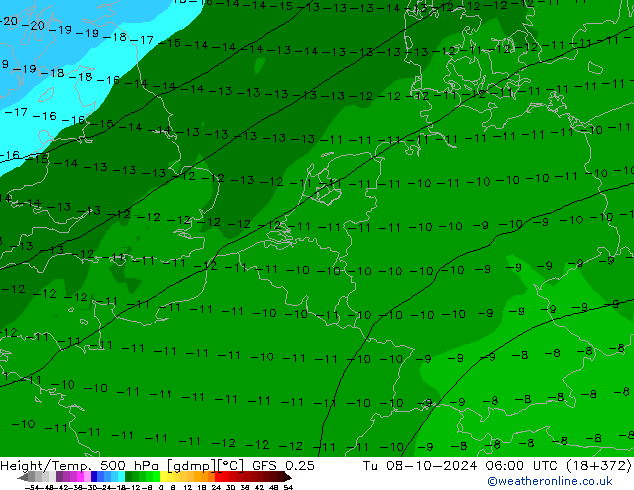 Z500/Rain (+SLP)/Z850 GFS 0.25 Tu 08.10.2024 06 UTC