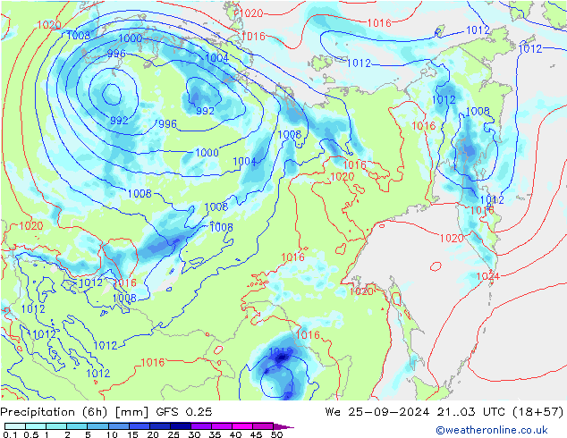 Z500/Rain (+SLP)/Z850 GFS 0.25 We 25.09.2024 03 UTC