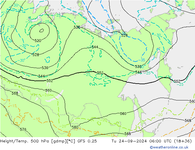 Z500/Rain (+SLP)/Z850 GFS 0.25 Út 24.09.2024 06 UTC