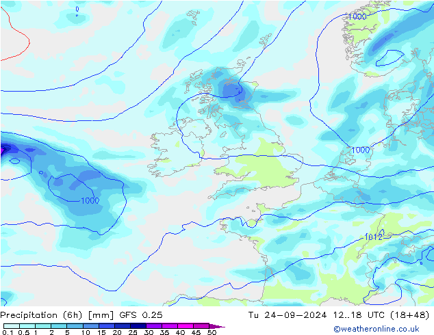 Z500/Rain (+SLP)/Z850 GFS 0.25 wto. 24.09.2024 18 UTC