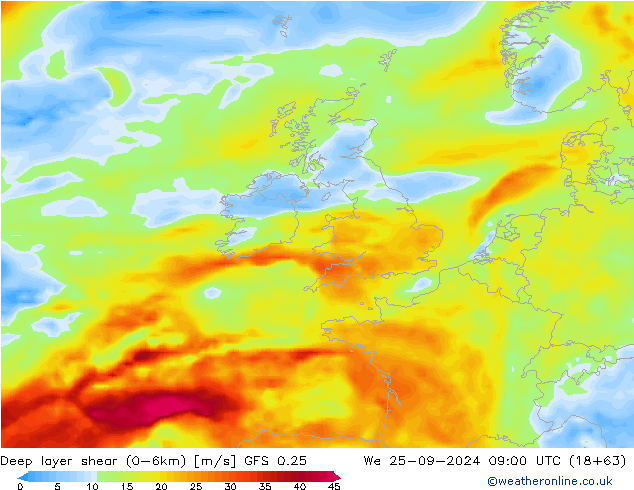 Deep layer shear (0-6km) GFS 0.25 mer 25.09.2024 09 UTC