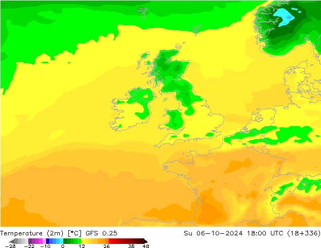 Temperatuurkaart (2m) GFS 0.25 zo 06.10.2024 18 UTC