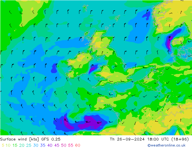 Surface wind GFS 0.25 Th 26.09.2024 18 UTC