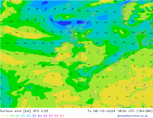 Surface wind GFS 0.25 Tu 08.10.2024 18 UTC