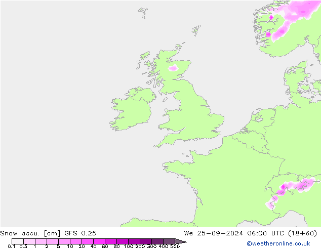 Глубина снега GFS 0.25 ср 25.09.2024 06 UTC