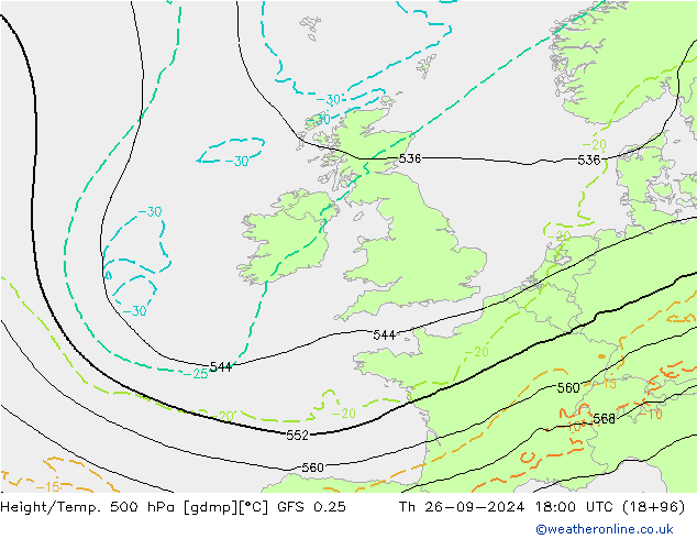 Z500/Rain (+SLP)/Z850 GFS 0.25  26.09.2024 18 UTC