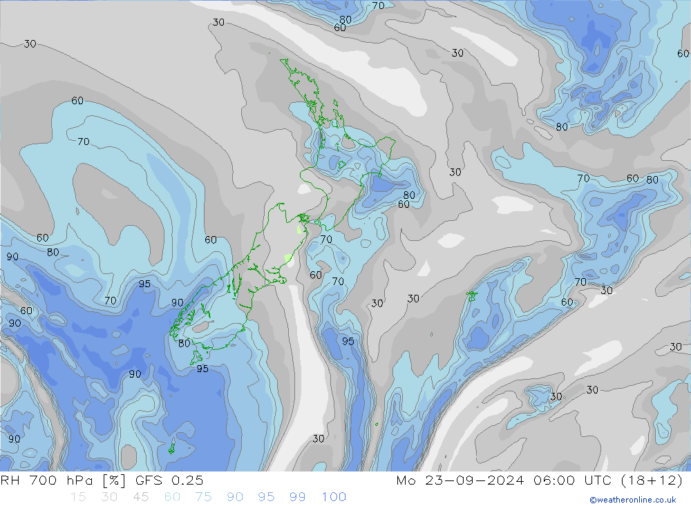 Humedad rel. 700hPa GFS 0.25 lun 23.09.2024 06 UTC