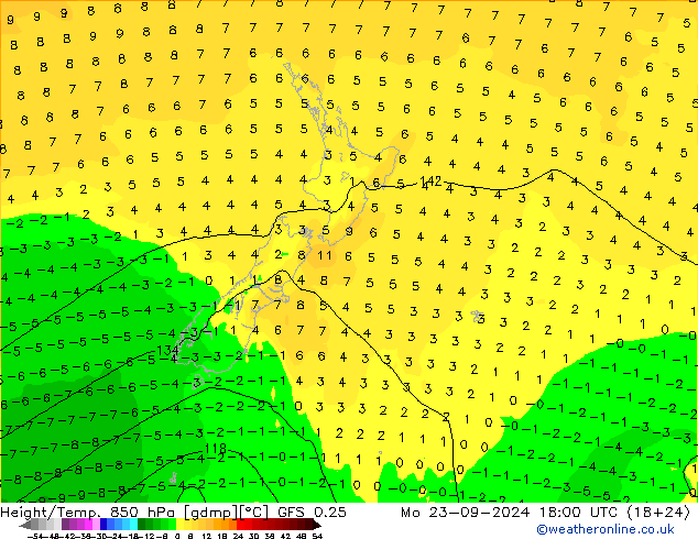 Z500/Rain (+SLP)/Z850 GFS 0.25 Mo 23.09.2024 18 UTC