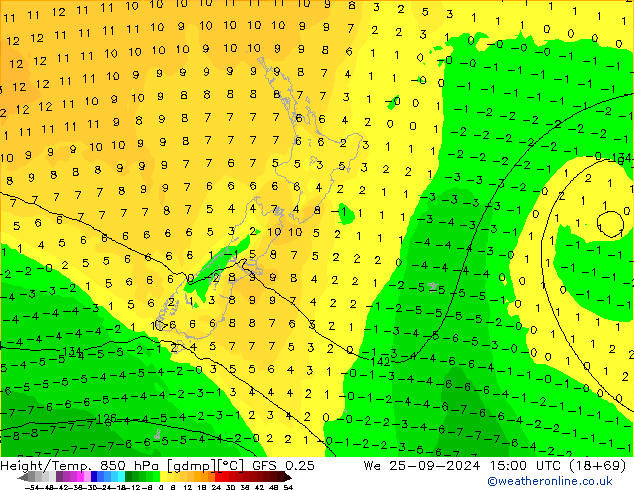 Z500/Rain (+SLP)/Z850 GFS 0.25 We 25.09.2024 15 UTC