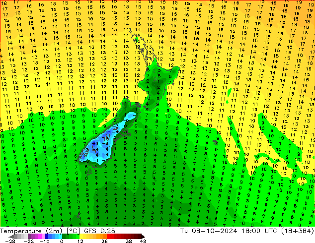 Temperature (2m) GFS 0.25 Tu 08.10.2024 18 UTC