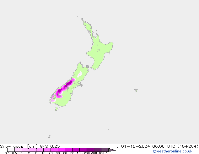 Snow accu. GFS 0.25 Tu 01.10.2024 06 UTC