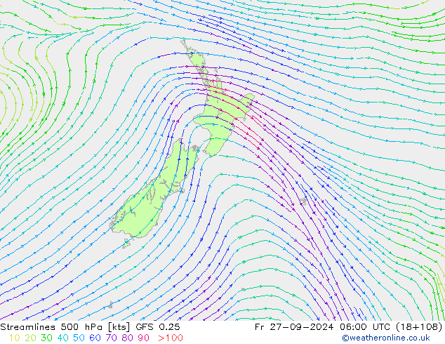 Streamlines 500 hPa GFS 0.25 Fr 27.09.2024 06 UTC