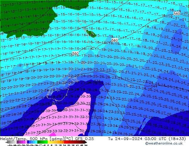 Z500/Rain (+SLP)/Z850 GFS 0.25 Tu 24.09.2024 03 UTC