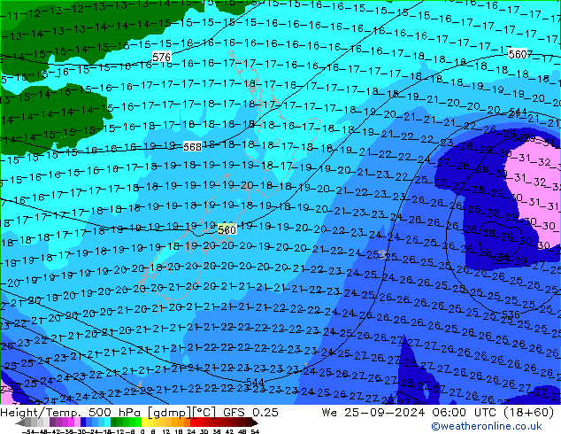 Z500/Yağmur (+YB)/Z850 GFS 0.25 Çar 25.09.2024 06 UTC