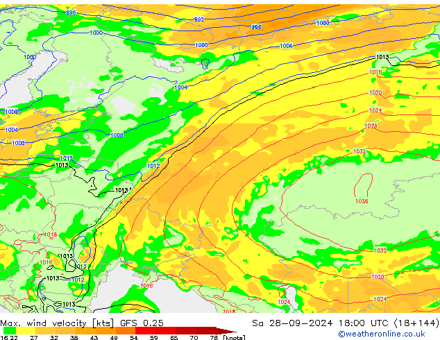 Max. wind velocity GFS 0.25 Sáb 28.09.2024 18 UTC