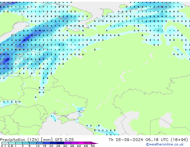 Precipitation (12h) GFS 0.25 Čt 26.09.2024 18 UTC