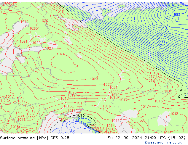 Surface pressure GFS 0.25 Su 22.09.2024 21 UTC