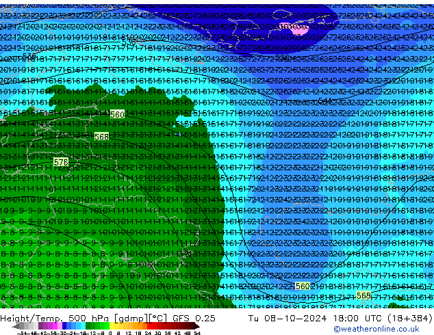 Z500/Rain (+SLP)/Z850 GFS 0.25 Tu 08.10.2024 18 UTC