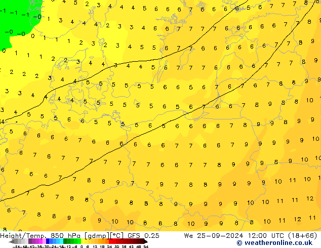 Z500/Rain (+SLP)/Z850 GFS 0.25 St 25.09.2024 12 UTC