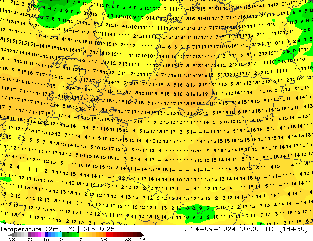 température (2m) GFS 0.25 mar 24.09.2024 00 UTC