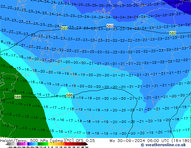 Z500/Rain (+SLP)/Z850 GFS 0.25  30.09.2024 06 UTC