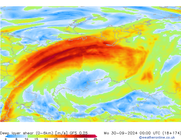 Deep layer shear (0-6km) GFS 0.25 Pzt 30.09.2024 00 UTC