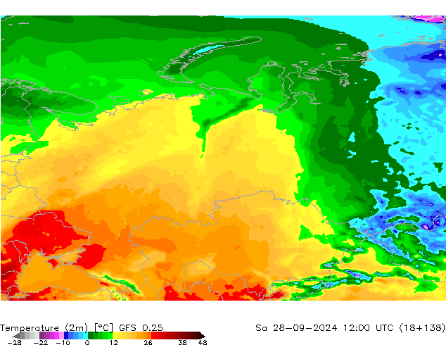 Temperature (2m) GFS 0.25 Sa 28.09.2024 12 UTC