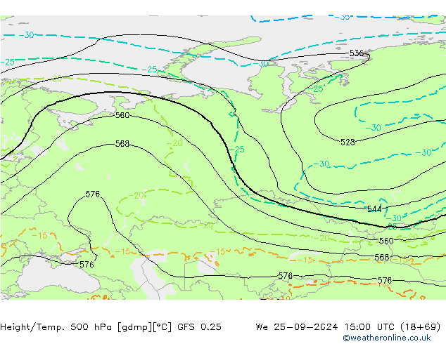 Z500/Rain (+SLP)/Z850 GFS 0.25 St 25.09.2024 15 UTC