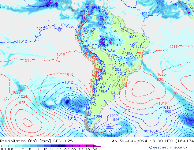 Totale neerslag (6h) GFS 0.25 ma 30.09.2024 00 UTC