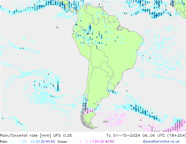 Regen/Sneeuwval GFS 0.25 di 01.10.2024 06 UTC