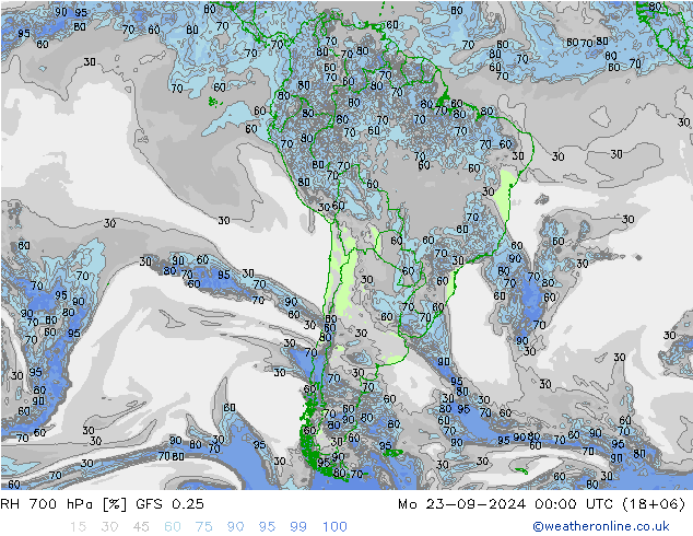 RH 700 hPa GFS 0.25 Mo 23.09.2024 00 UTC