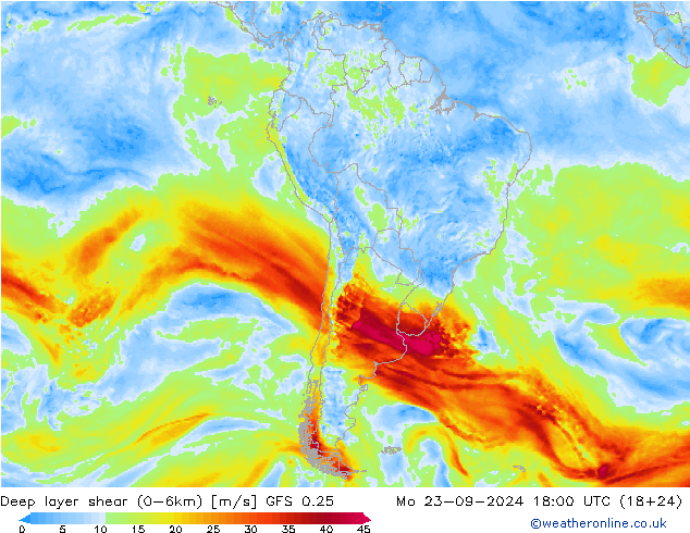 Deep layer shear (0-6km) GFS 0.25 lun 23.09.2024 18 UTC