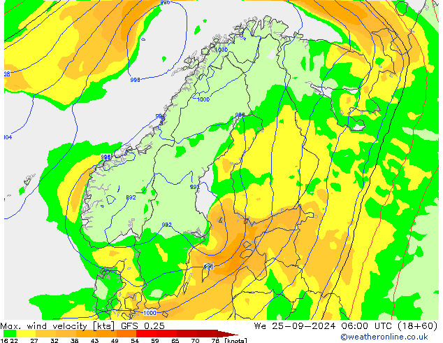 Max. wind velocity GFS 0.25 We 25.09.2024 06 UTC