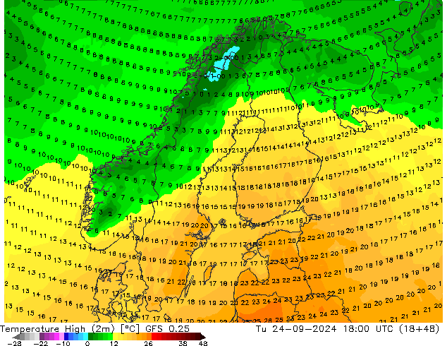 Темпер. макс 2т GFS 0.25 вт 24.09.2024 18 UTC