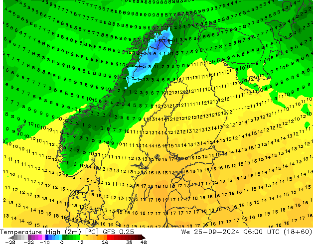 Höchstwerte (2m) GFS 0.25 Mi 25.09.2024 06 UTC