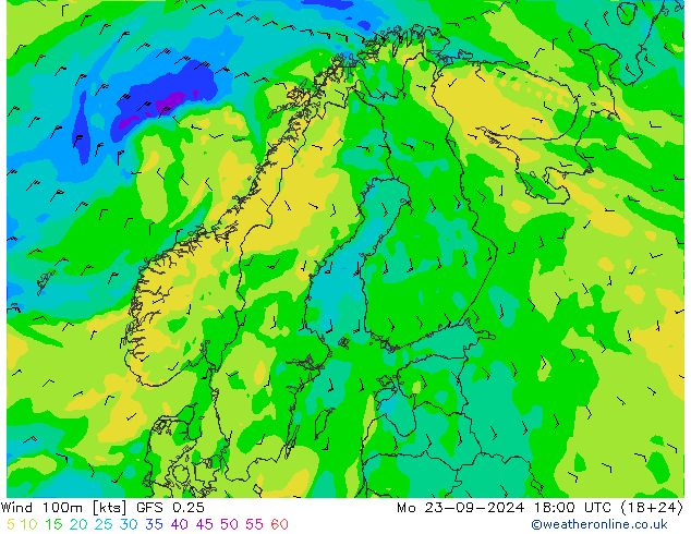 Vento 100m GFS 0.25 Seg 23.09.2024 18 UTC