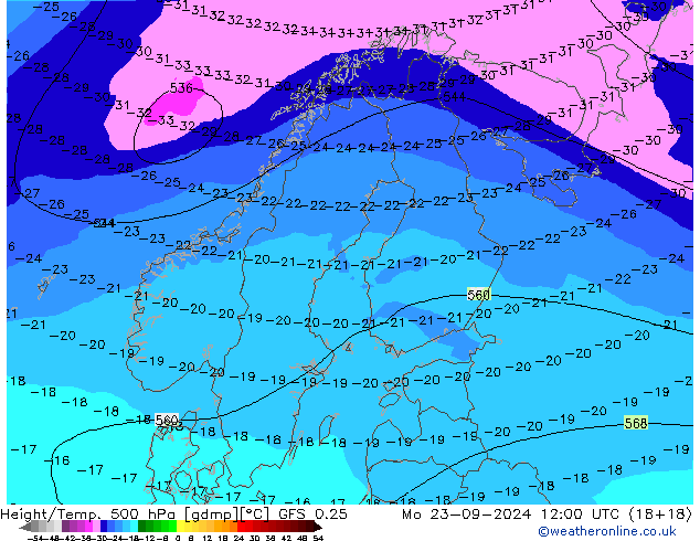 Z500/Rain (+SLP)/Z850 GFS 0.25 lun 23.09.2024 12 UTC