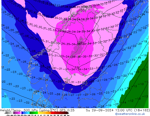 Z500/Rain (+SLP)/Z850 GFS 0.25 dom 29.09.2024 12 UTC