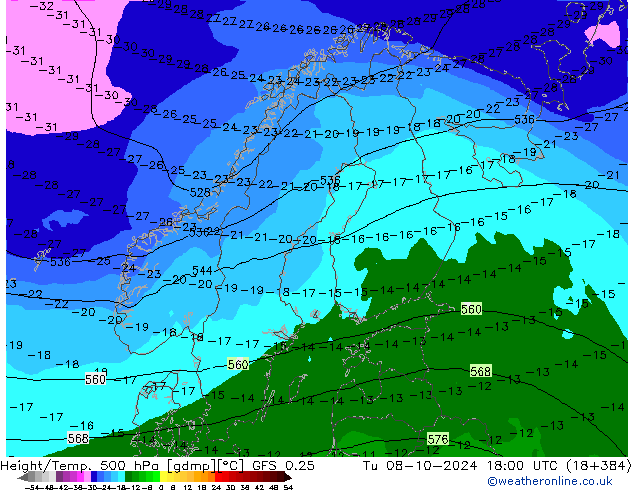 Z500/Rain (+SLP)/Z850 GFS 0.25 wto. 08.10.2024 18 UTC