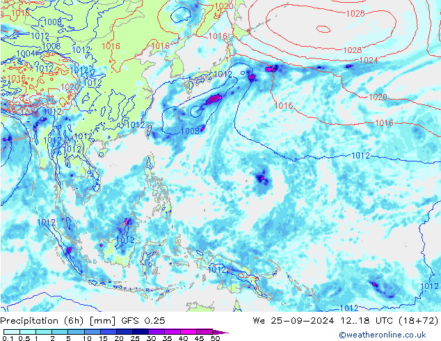 Z500/Rain (+SLP)/Z850 GFS 0.25 Qua 25.09.2024 18 UTC