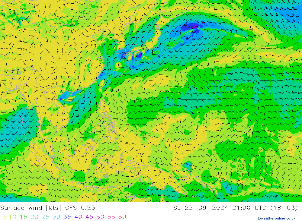 Surface wind GFS 0.25 Su 22.09.2024 21 UTC