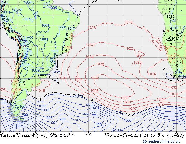 Pressione al suolo GFS 0.25 lun 23.09.2024 21 UTC