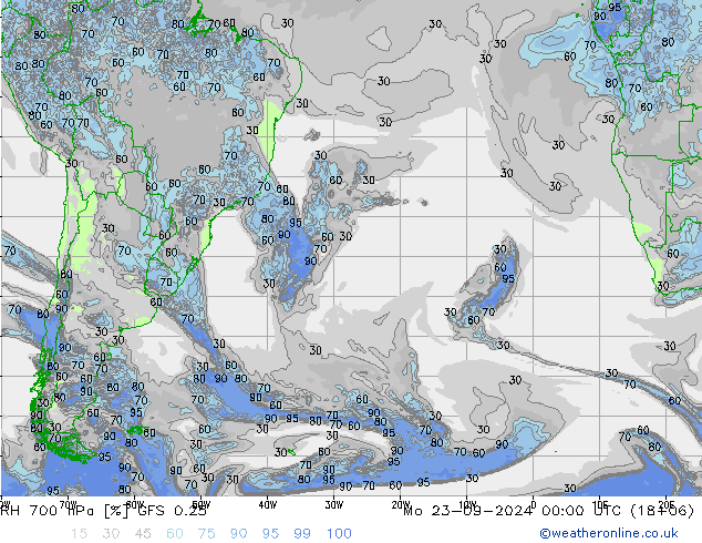 RH 700 hPa GFS 0.25 Seg 23.09.2024 00 UTC