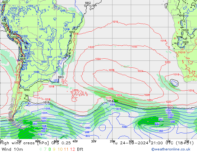 yüksek rüzgarlı alanlar GFS 0.25 Sa 24.09.2024 21 UTC