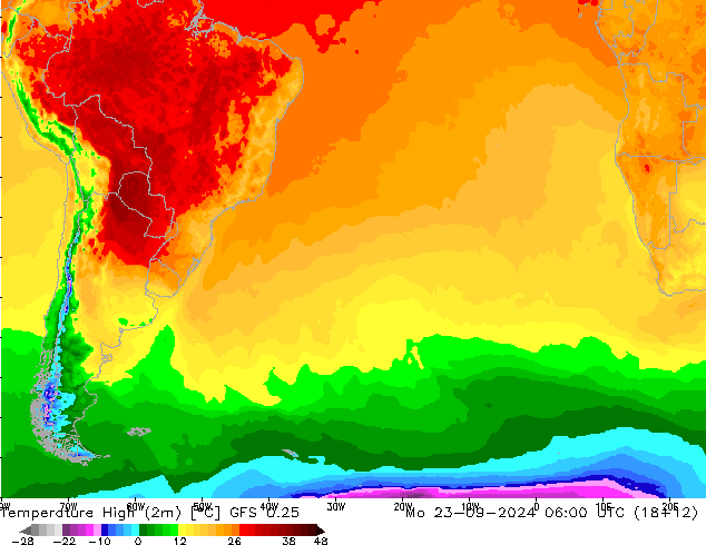 temperatura máx. (2m) GFS 0.25 Seg 23.09.2024 06 UTC