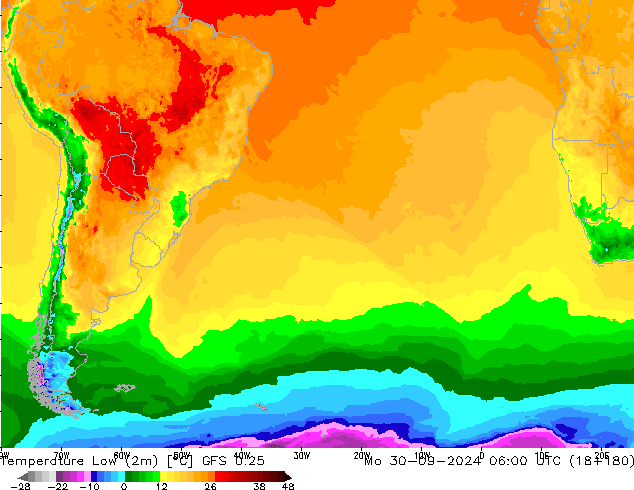 température 2m min GFS 0.25 lun 30.09.2024 06 UTC